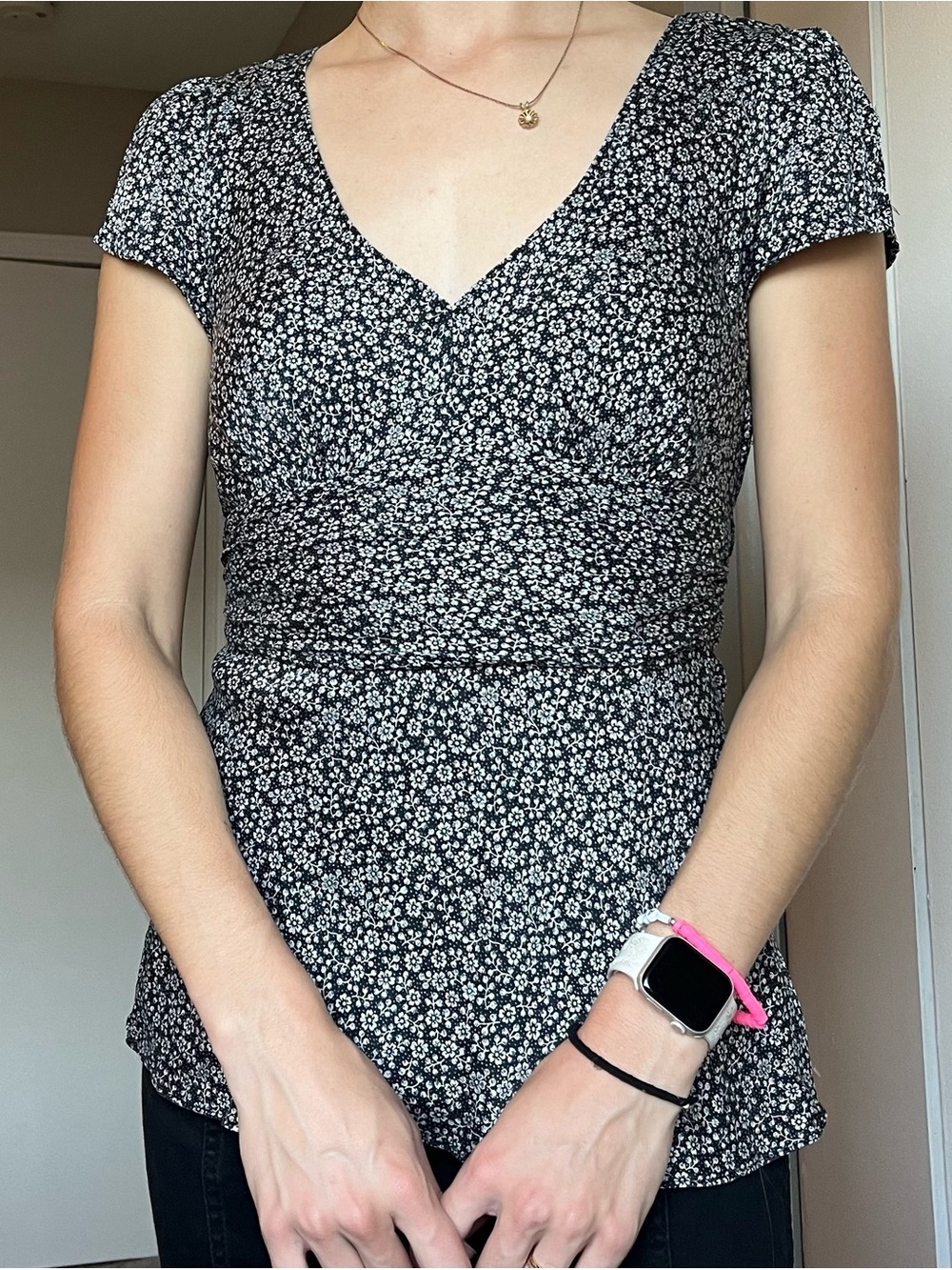 Express Silk Black and White Floral V-Neck Top